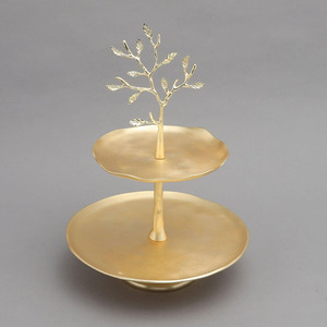 Elegant Two-<b>Tier</b> Gold <b>Cake</b> Stand Featuring Wavy Trays And An Artistic Tree Branch Handle Accent On Top For Serving & Decoration - Product Image 1