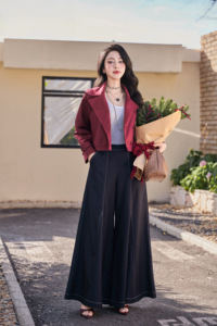 Women's <b>Burgundy</b> Regular Length Double Breasted <b>Trench</b> <b>Coat</b> Epaulettes Adjustable Cuff Casual Outerwear Anti-shrink Anti-Wrinkle - Product Image 2