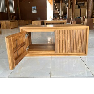 Ensemble de meubles de salle de bain modernes en teck brut, armoire de rangement autoportante à lattes, 2 étagères, poignées en bois, pour villas et hôtels - Product Image 6