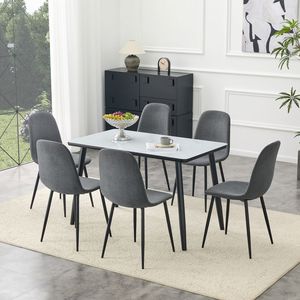 Tavolo da Pranzo Moderno Bianco con Effetto Marmo, Piano in Vetro, Base Inferiore in MDF Nero e Gambe in Metallo Nero, Set Tavolo e Sedie - Product Image 1