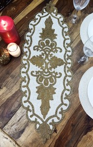 Embroidered Table <b>Runner</b> Floral Pattern Classic Style Beige Gold Home Decor <b>Washable</b> Hand Wash - Product Image 5