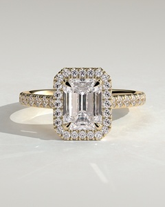 14k Pure Gold <b>Emerald</b> Cut Halo Lab Grown Solitaire Diamond Ring With Pave Set Accent Diamond Band Handmade 2026 Top Selling Ring - Product Image 1