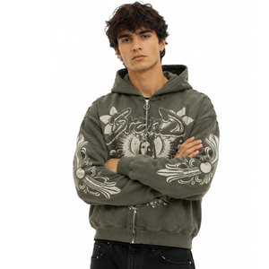 Sweat à capuche oversize pour homme en coton tricoté avec fermeture éclair, style streetwear, imprimé graphique, logo frontal, design vieilli, idéal pour l'automne - Product Image 2