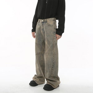 <b>Men's</b> Khaki Wash Baggy Denim <b>Jeans</b> <b>High</b> <b>Rise</b> Loose Fit Full Length Washed Cotton Five Pocket Casual Streetwear - Product Image 6