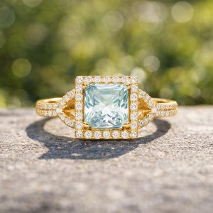 Square Cut Lab Grown Aquamarine Bezel Setting 925 Sterling Silver 14K Gold Plated Vintage Style Women's Engagement <b>Ring</b> Luxury - Product Image 1