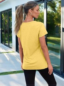 Camiseta de Punto de Algodón para Mujer, Cuello Redondo, Manga Corta, Corte Regular, Color Amarillo Sólido, Transpirable, Informal, para Primavera/Verano - Product Image 2