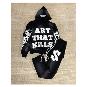 ชุดวอร์มผ้าฝ้ายแบบหนาเป็นมิตรกับสิ่งแวดล้อมสำหรับผู้ชาย ปรับแต่งได้ตามต้องการ กางเกงขายาวทรงบานและเสื้อฮู้ด ชุดลำลองสไตล์สตรีทแวร์สำหรับฤดูหนาว - Product Image 5