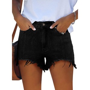Women High Waist <b>Black</b> Denim <b>Shorts</b> With Frayed Hem Distressed Casual Summer Style Straight Leg <b>Jeans</b> <b>Shorts</b> Service Strength - Product Image 1