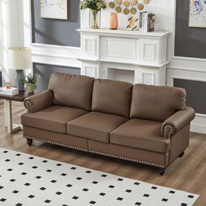 Divano Moderno Classico in Pelle da 83 Pollici per Soggiorno, Imbottito con Borchie e Similpelle Marrone - Product Image 1
