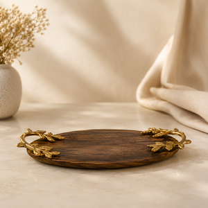 Elegant Mango Wood Serving <b>Tray</b> <b>with</b> Gold Designer <b>Handle</b> Perfect for Tabletop Decor Dining and Hosting Stylish Centerpiece - Product Image 1