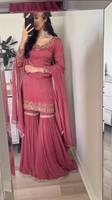 Setelan Kurta Sharara Palazzo Bordir Moti Warna Pink untuk Wanita dengan Dupatta, Pakaian Pesta Pernikahan Etnik India Pakistan
