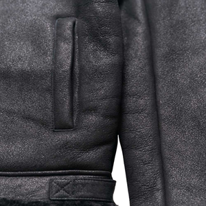 Black <b>Shearling</b> Leather <b>Bomber</b> <b>Jacket</b> Mens Genuine Sheepskin Winter Aviator V-neck Zipper Closure Vintage Coat - Product Image 6