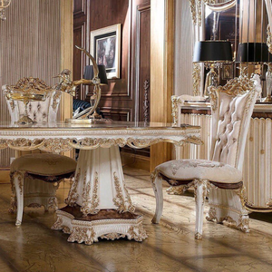 Classic European Luxury Style <b>Dining</b> <b>Table</b> Set Hand-Carved Mahogany <b>White</b> Finish Upholstered Chair and Showcase Cabinet - Product Image 4