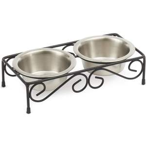 Elegante Comedero Elevado para Mascotas con Dos Tazones de Acero Inoxidable y Diseño Decorativo de Hierro para Perros y Gatos - Product Image 3