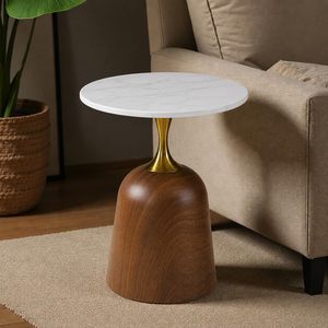 Table basse moderne gain de place avec plateau en marbre, base en bois, pied en métal doré, design industriel, étagère de rangement, meuble de salon - Product Image 6