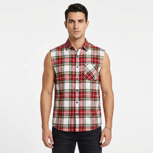 Premium Customized Print <b>Men</b> Sleeveless Plaid Flannel <b>Shirt</b> Button Down <b>Collar</b> Casual 100% Cotton Breathable Woven Plaid <b>Shirts</b> - Product Image 1