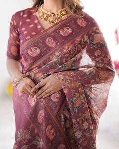 Sari indio tradicional de seda con estampado de elefantes, color granate, para bodas, para mujer, largo hasta el suelo, corte regular. - Product Image 2