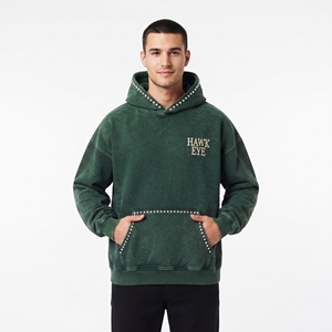 Sudadera con Capucha Oversize para Hombre, Verde, Lavado Ácido, Algodón French Terry, Logotipo Bordado, Adorno de Pedrería, Bolsillo, Ropa Casual, Transpirable - Product Image 3