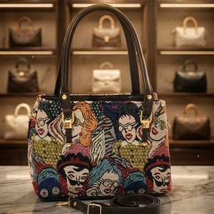 Sac fourre-tout en jacquard fait main avec portrait pop art et bandoulière amovible - Product Image 1