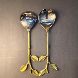 Ensemble de service à salade avec manche en feuille d'or inspiré de la nature, cuillère et fourchette à salade en acier inoxydable fabriquées à la main, pour cadeaux de mariage - Product Image 5