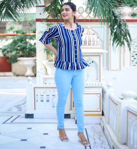 Womens Blue <b>Rayon</b> Stripe Printed Regular Fit Ruffle Sleeve Top With V Neck Design Created For Global Casual Summer Wear - Product Image 2