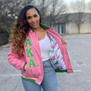 High Quality <b>Pink</b> Reversible Polyester Sleeves Varsity <b>Jacket</b> Full Sleeve Embroidery Snap Button Rider <b>Biker</b> Baseball <b>Jackets</b> - Product Image 4