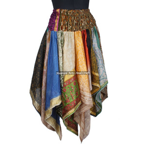DS018 Urban Tribal Dance Falda surtida Gypsy Tribal Patchwork Falda de chatarra Hecha a mano Reciclado Sari Seda Midi Falda Estilo casual - Product Image 1