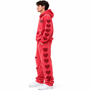 <b>Men</b>’s Red Washed Heart Print Distressed <b>Zip</b> Up Hoodie <b>Jogger</b> Set and tracksuit Custom Streetwear Fashion - Product Image 4