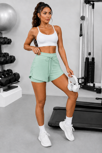Shorts de Yoga de Cintura Alta para Mujer, Color Sólido, Cintura Elástica, Transpirables, Impermeables, de Poliéster/Nailon, con Bolsillos, Verde Menta - Product Image 3