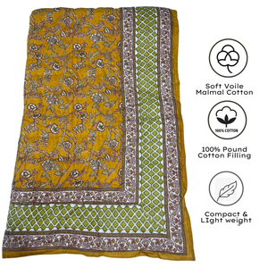 Traditional Indian Cotton Single <b>Bed</b> Floral Print Reversible <b>Quilt</b> Jaipur Hand Block Print Eco Friendly Hypoallergenic Durable - Product Image 3