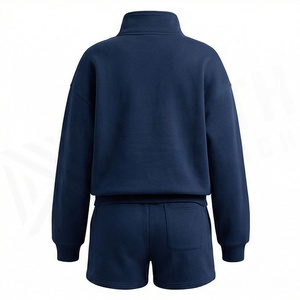 Conjunto de 2 Piezas de Felpa para Mujer, Sudadera con Cierre y Cuello Alto y Pantalones Cortos por Encima de la Rodilla, Color Sólido, Corte Holgado, para Todas las Temporadas - Product Image 2