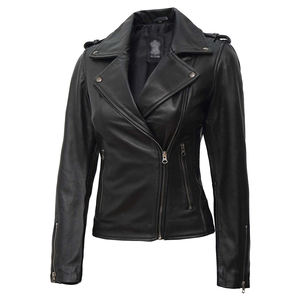 Chaqueta de Motociclista de Cuero Genuino para Mujer, Color Negro Sólido, Cierre de Cremallera, Manga Larga, Estilo Otoñal, Cuello Extendido, Clásica - Product Image 3