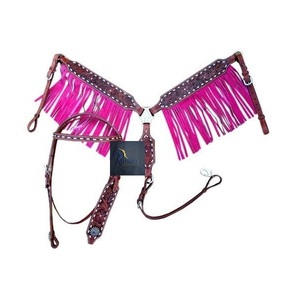Western Brown <b>Leather</b> Headstall and Breast Collar Set Hand Tooled Floral Design Pink Fringe Horse Tack - Product Image 1