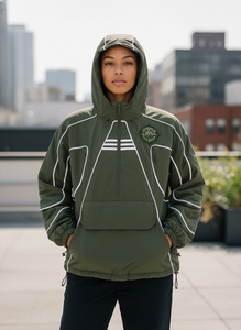 Blouson matelassé à capuche vert olive pour homme, coupe-vent style sportif avec fermeture éclair quart de tour et emblème décoratif, coupe droite, idéal pour l'automne - Product Image 6