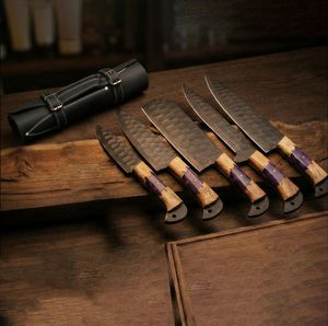 Steel Craft International Hand Forged 5-Piece Carbon Steel Chef <b>Knife</b> Set 67-Layer Damascus Structure Wooden Handles Serrated - Product Image 3