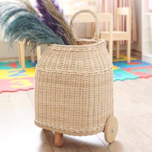 Petit chariot en rotin pour enfants, panier de rangement écologique tressé, chariot à pousser pour tout-petits, paniers à jouets - Product Image 5