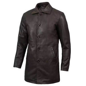 Manteau en cuir pour homme de qualité supérieure, long manteau d'hiver, grande taille, manteau en cuir sur mesure avec col en fourrure, accents boutonnés, confortable - Product Image 1