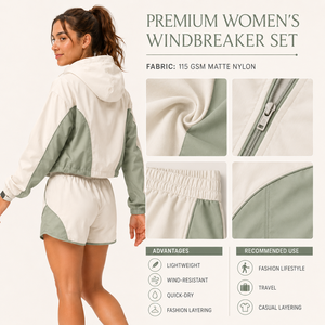 OEM ODM Ensemble short coupe-vent imperméable et séchage rapide pour femme, style streetwear, écologique, en polyester/nylon, color block, léger - Product Image 4