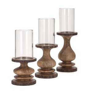 Set of 3 Wood <b>Candle</b> Stand <b>Glass</b> <b>Hurricane</b> Pillar <b>Candle</b> <b>Holder</b> Wooden Church <b>Candle</b> Stand Christmas Decor - Product Image 1