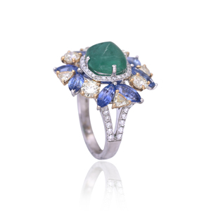Anillo Floral de Plata de Ley 925 con Esmeralda y Zafiro Azul, Engaste de Garras, Halo de Circonita Cúbica, Banda de Eternidad Elegante para Mujer - Product Image 2
