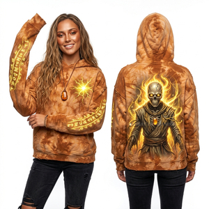 Sudadera con capucha personalizada para mujer, color marrón tierra, con estampado tie-dye, gráfico de esqueleto mágico dorado, estampado de runas en la manga, estilo estético antiguo, proveedor - Product Image 1