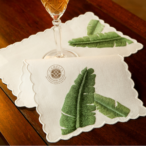 Banana leaf embroidered cocktail napkin, <b>artistic</b> and durable, tropical and stylish for summer events. - Product Image 1