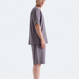 Ensemble T-shirt et short gris en coton à col rond pour homme – Tenue décontractée d'été en tissu satiné tricoté respirant, sans couture, personnalisable, couleur unie - Product Image 5