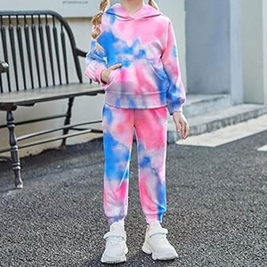 Ensemble de survêtement tie-dye pour filles, sweat-shirt à capuche et pantalon long, dégradé rose-violet, tenue décontractée, coupe ample, printemps - Product Image 4