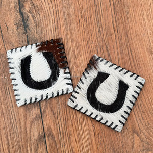 Newest Handmade <b>Horseshoe</b> Cowhide Coasters Set Genuine Leather Drink Coasters Rustic Table Decor Unique Western Hair-on Coasters - Product Image 3