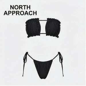 NORTH APPROACH Ensemble bikini bandeau noir à volants pour femme, 2 pièces, bas string, maillot de bain extensible, couleur unie, tricoté - Product Image 1