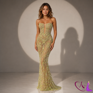 Vestido de noche largo hasta el suelo, bordado a mano, color verde oliva, estilo sirena |   Vestido de fiesta de diseñador sin tirantes con sujetador incorporado |   Formal - Product Image 1