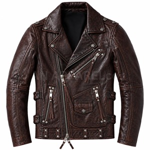 Veste de motard en cuir véritable pour homme de qualité supérieure, coupe ajustée, col rabattu, fermeture éclair, style moto, vêtement d'automne - Product Image 1