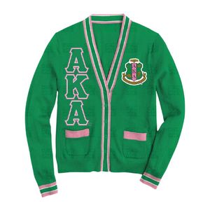 Green Pink Chenille Letters Shield <b>Cardigan</b> <b>Sweater</b> Women Embroidered Crest Knit Button Front Preppy Style Casual Fashion - Product Image 1