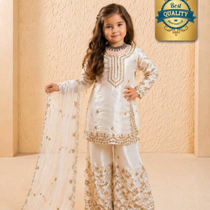 Ensemble Sharara ethnique de luxe pour enfants avec broderies de sequins et manches fantaisie – Tenue de mariage et de festival - Product Image 1